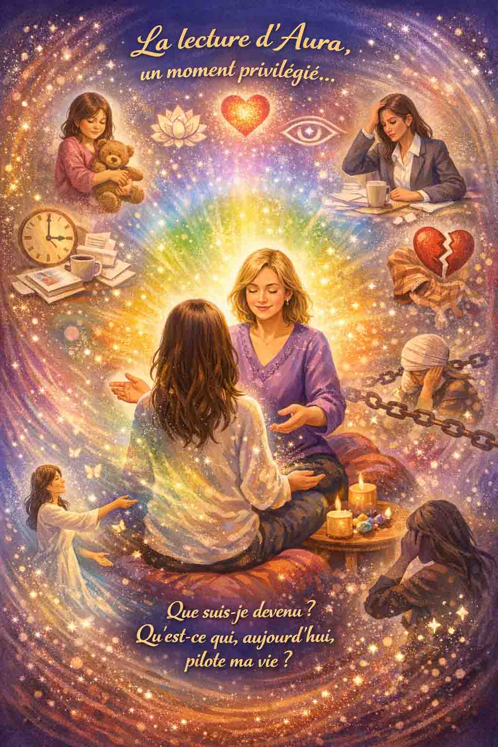 Dessin allégorique représentant une consultante evoquer l'histoire de son vécu. Image créée par l'I.A